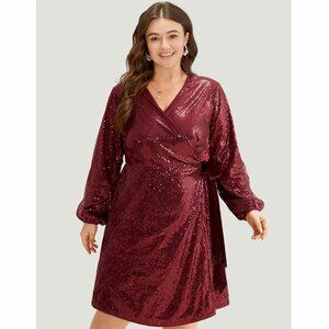 BloomChic Sequin Tie Side Surplice Neck Lantern Sleeve Dress Size 2X (18-20) NWT